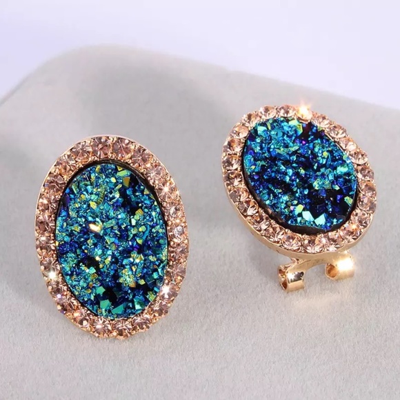 Oval Blue Druzy Cubic Zirconia Round Gold Earrings - Picture 3 of 8